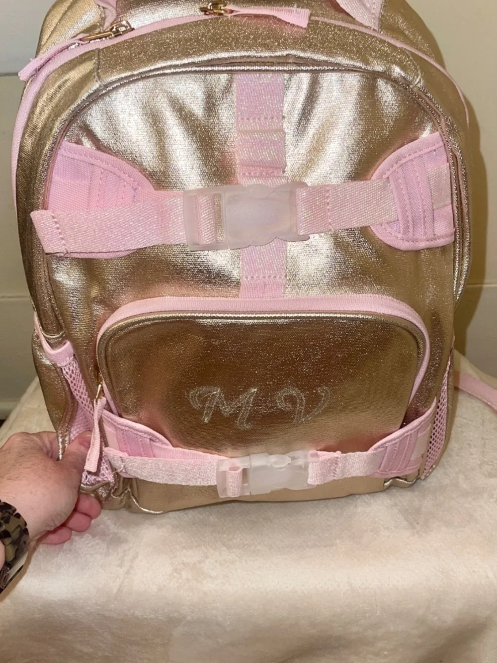Metallic Gold Glitter Pottery Barn Kids Mackenzie Small Backpack Pink Bow